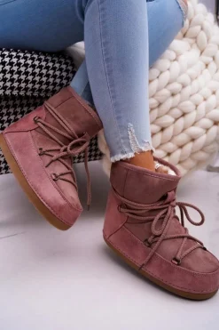 Damskie Botki Śniegowce Ocieplane Futerkiem Różowe Veme