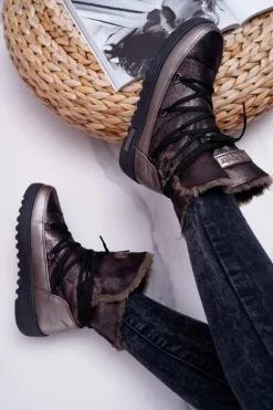 Damskie Botki Śniegowce Ocieplane Futerkiem Ciemnoszare Fereni