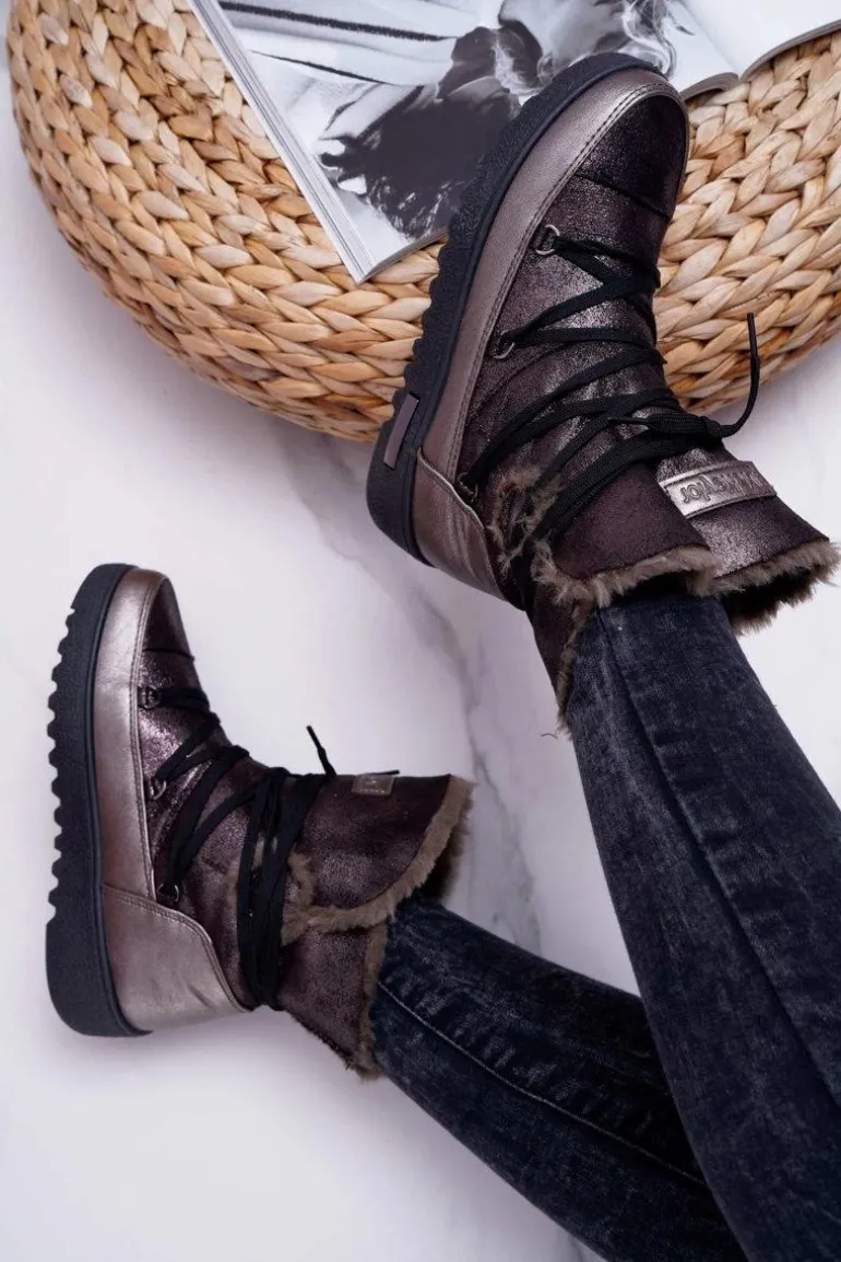 Damskie Botki Śniegowce Ocieplane Futerkiem Ciemnoszare Fereni