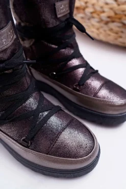 Damskie Botki Śniegowce Ocieplane Futerkiem Ciemnoszare Fereni