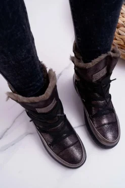 Damskie Botki Śniegowce Ocieplane Futerkiem Ciemnoszare Fereni