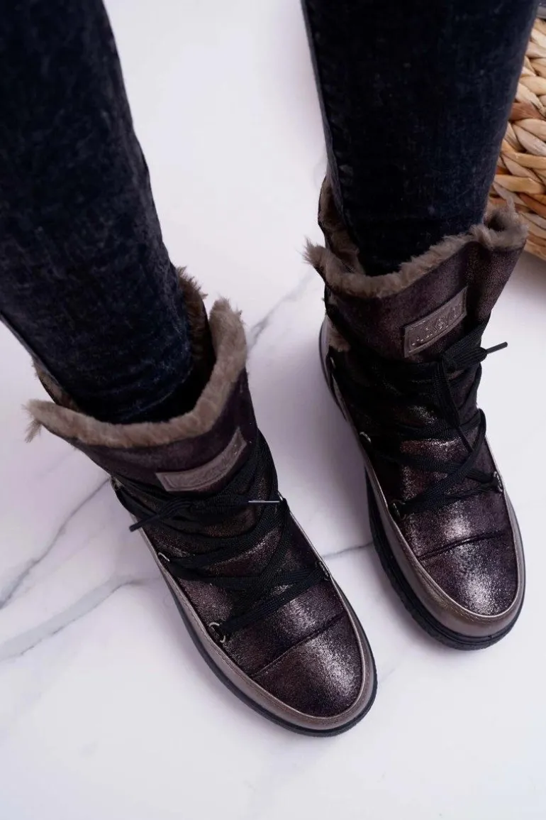 Damskie Botki Śniegowce Ocieplane Futerkiem Ciemnoszare Fereni