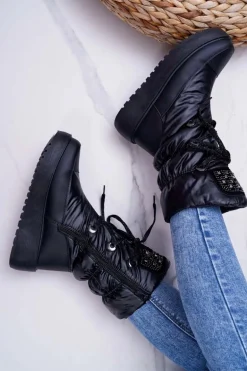 Damskie Botki Śniegowce Ocieplane Futerkiem Czarne Honor