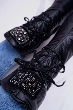 Damskie Botki Śniegowce Ocieplane Futerkiem Czarne Honor