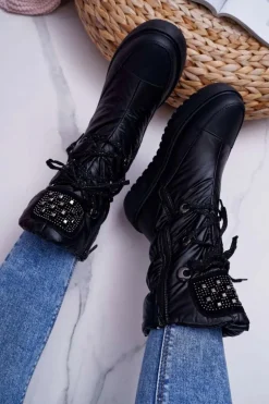 Damskie Botki Śniegowce Ocieplane Futerkiem Czarne Honor