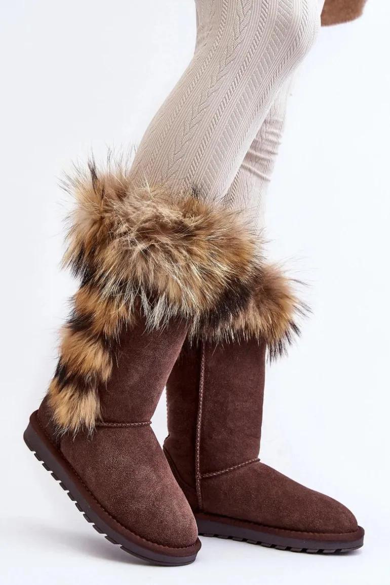 Damskie Botki Śniegowce Ocieplane Zamszowe Brązowe Balvin