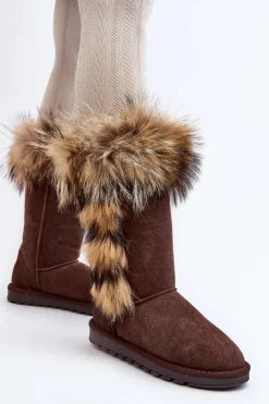 Damskie Botki Śniegowce Ocieplane Zamszowe Brązowe Balvin