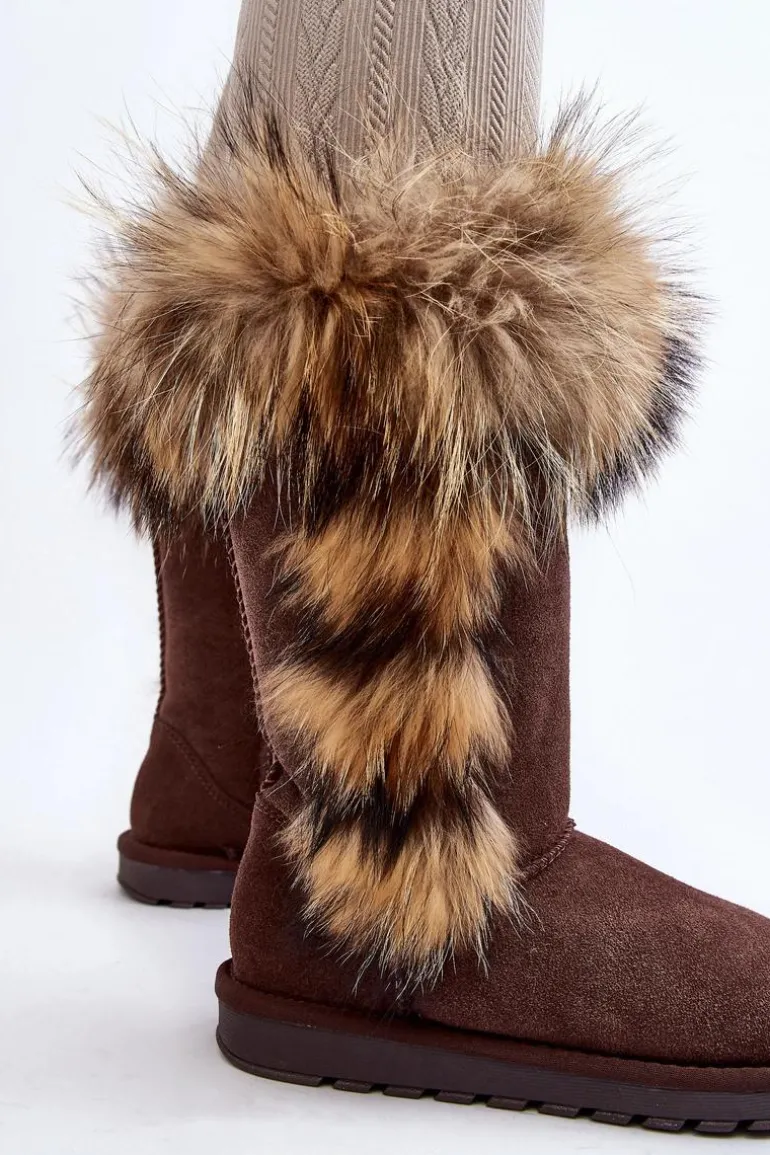 Damskie Botki Śniegowce Ocieplane Zamszowe Brązowe Balvin