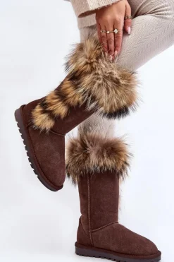 Damskie Botki Śniegowce Ocieplane Zamszowe Brązowe Balvin