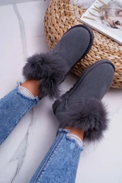 Damskie Botki Śniegowce Ocieplane Futerkiem Skóra Zamsz Szare Memento