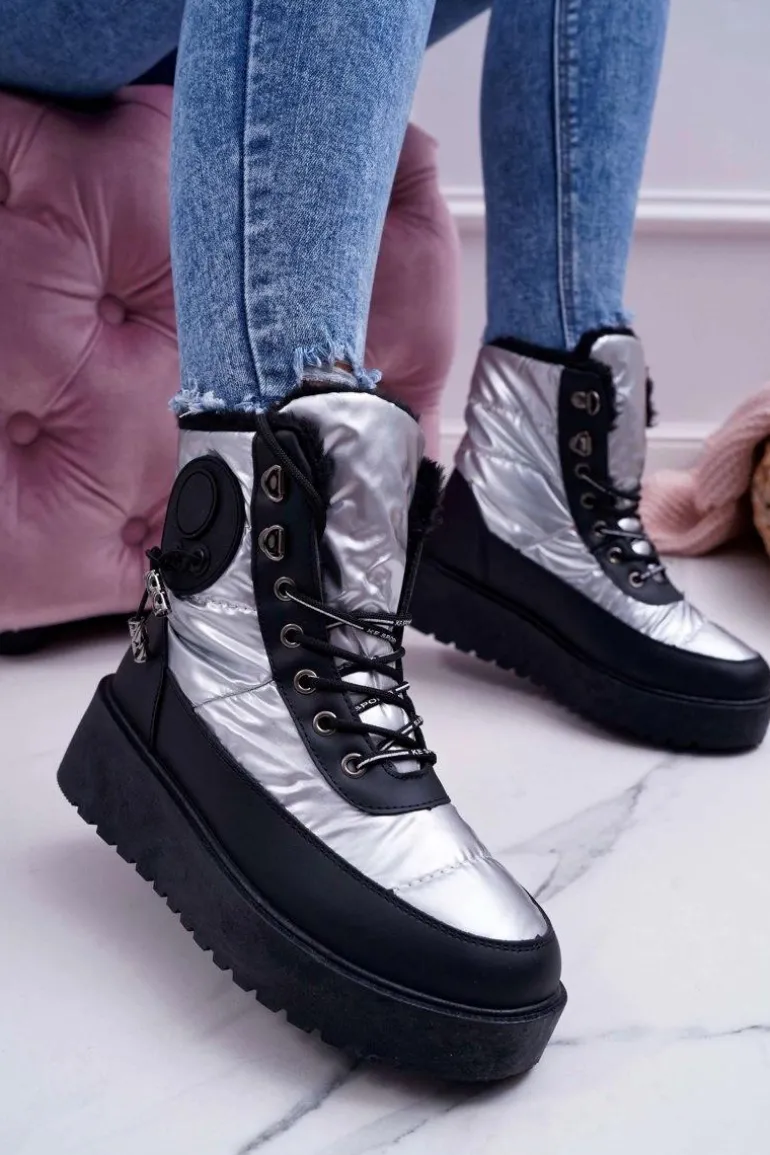 Damskie Botki Śniegowce Ocieplane Futerkiem Srebrne Fahrenheit