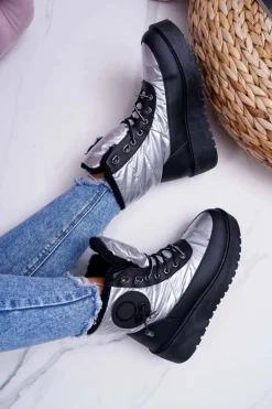 Damskie Botki Śniegowce Ocieplane Futerkiem Srebrne Fahrenheit