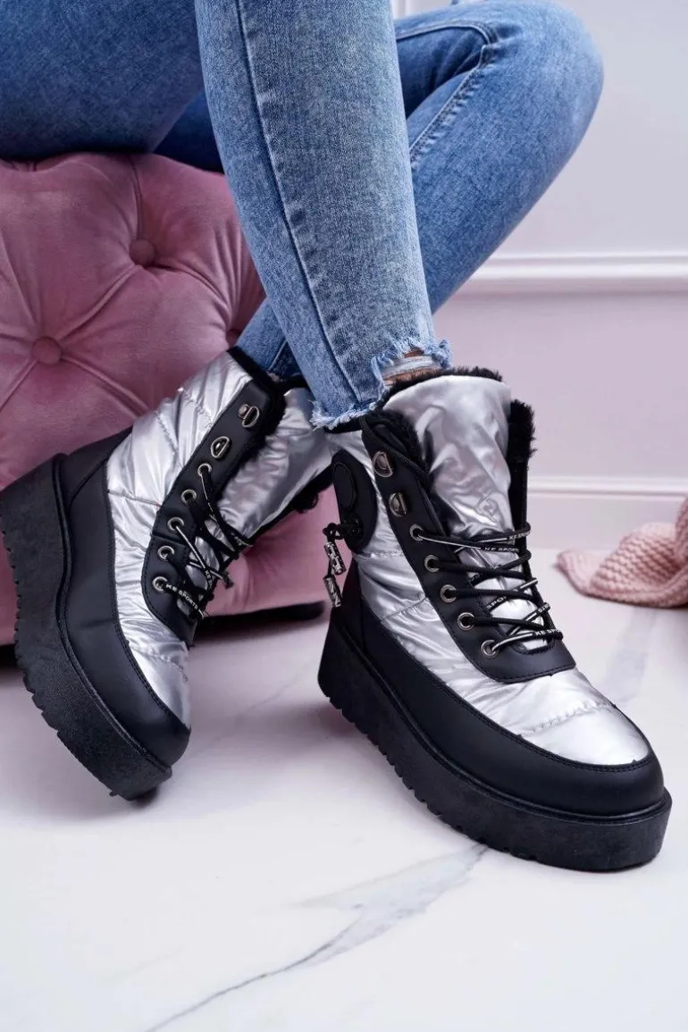 Damskie Botki Śniegowce Ocieplane Futerkiem Srebrne Fahrenheit