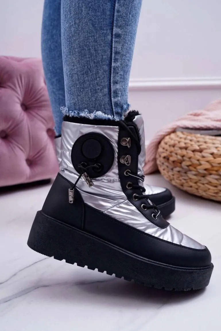 Damskie Botki Śniegowce Ocieplane Futerkiem Srebrne Fahrenheit
