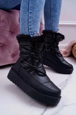 Damskie Botki Śniegowce Ocieplane Futerkiem Czarne Calma