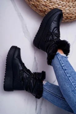 Damskie Botki Śniegowce Ocieplane Futerkiem Czarne Calma