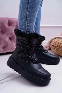 Damskie Botki Śniegowce Ocieplane Futerkiem Czarne Calma