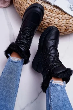 Damskie Botki Śniegowce Ocieplane Futerkiem Czarne Calma