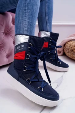 Damskie Botki Śniegowce Ocieplane Futerkiem Big Star Granatowe EE274657