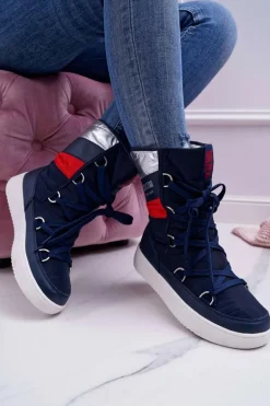 Damskie Botki Śniegowce Ocieplane Futerkiem Big Star Granatowe EE274657