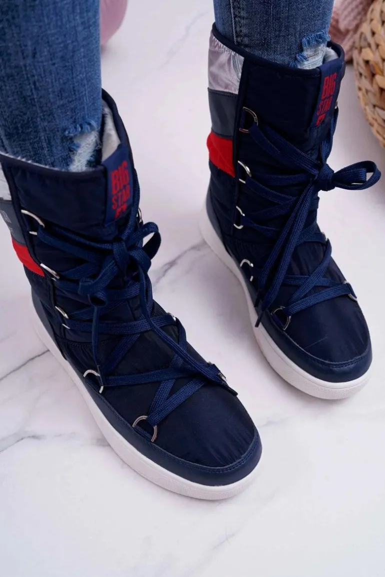 Damskie Botki Śniegowce Ocieplane Futerkiem Big Star Granatowe EE274657