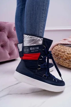 Damskie Botki Śniegowce Ocieplane Futerkiem Big Star Granatowe EE274657