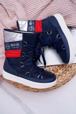 Damskie Botki Śniegowce Ocieplane Futerkiem Big Star Granatowe EE274657