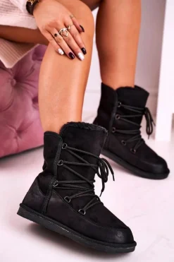 Damskie Botki Śniegowce Ocieplane Futerkiem Czarne Ilana