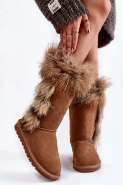 Damskie Botki Śniegowce Ocieplane Zamszowe Camel Balvin