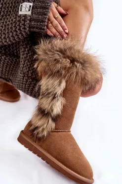 Damskie Botki Śniegowce Ocieplane Zamszowe Camel Balvin