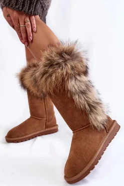 Damskie Botki Śniegowce Ocieplane Zamszowe Camel Balvin
