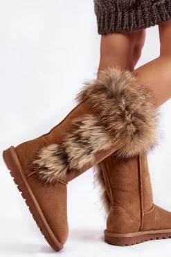 Damskie Botki Śniegowce Ocieplane Zamszowe Camel Balvin