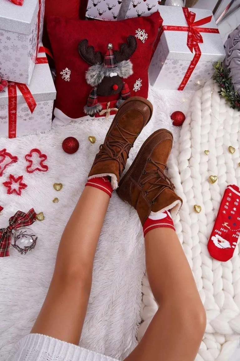 Damskie Botki Śniegowce Ocieplane Futerkiem Camel Ilana