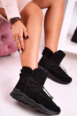 Damskie Botki Śniegowce Sportowe Ocieplane Futerkiem Czarne Synte