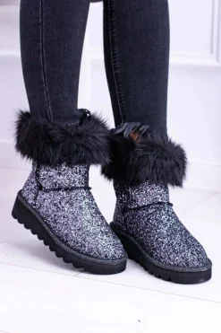 Damskie Botki Śniegowce Wysokie Z Futerkiem i Brokatem Fourrure