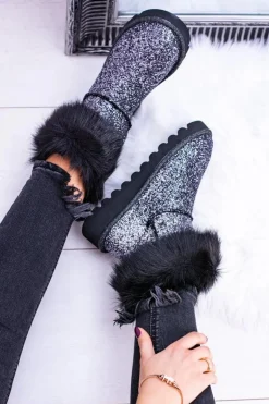 Damskie Botki Śniegowce Wysokie Z Futerkiem i Brokatem Fourrure