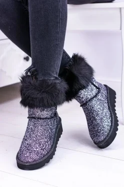 Damskie Botki Śniegowce Wysokie Z Futerkiem i Brokatem Fourrure
