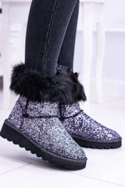 Damskie Botki Śniegowce Wysokie Z Futerkiem i Brokatem Fourrure