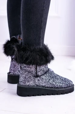 Damskie Botki Śniegowce Wysokie Z Futerkiem i Brokatem Fourrure