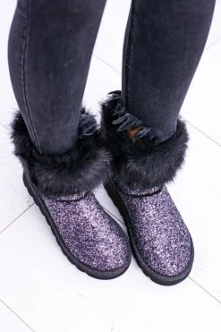 Damskie Botki Śniegowce Wysokie Z Futerkiem i Brokatem Fourrure