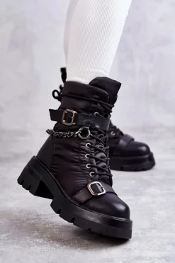 Damskie Botki Śniegowce Z Łańcuchem GOE KK2N4018 Czarne