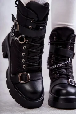 Damskie Botki Śniegowce Z Łańcuchem GOE KK2N4018 Czarne