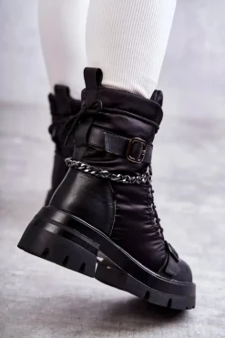 Damskie Botki Śniegowce Z Łańcuchem GOE KK2N4018 Czarne