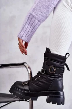 Damskie Botki Śniegowce Z Łańcuchem GOE KK2N4018 Czarne