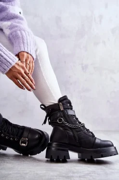 Damskie Botki Śniegowce Z Łańcuchem GOE KK2N4018 Czarne