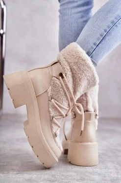 Damskie Botki Śniegowce Z Kożuszkiem Beżowe Sanna
