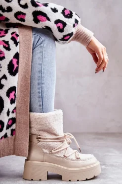 Damskie Botki Śniegowce Z Kożuszkiem Beżowe Sanna
