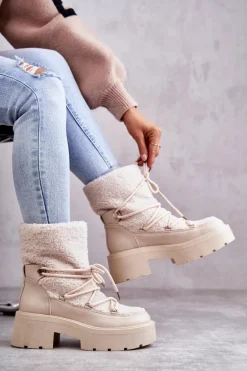 Damskie Botki Śniegowce Z Kożuszkiem Beżowe Sanna
