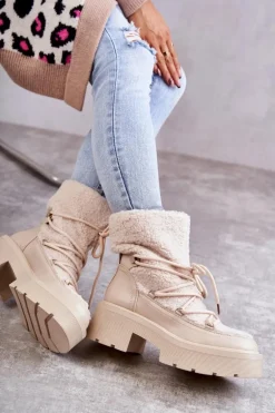 Damskie Botki Śniegowce Z Kożuszkiem Beżowe Sanna