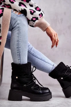 Damskie Botki Śniegowce Z Kożuszkiem Czarne Sanna